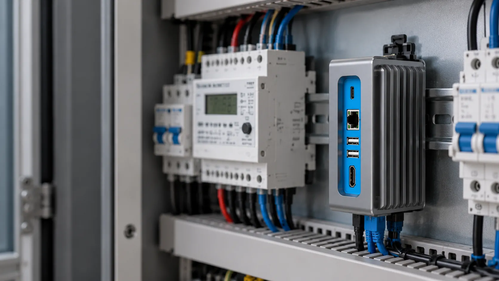 Sentinel mounted on a DIN rail inside a switchboard, alongside electrical equipment